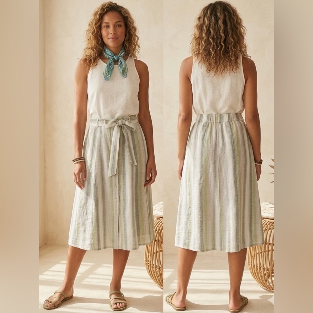 NWOT Anthropologie Tregene Sun-Striped Linen Button Front Skirt White Green